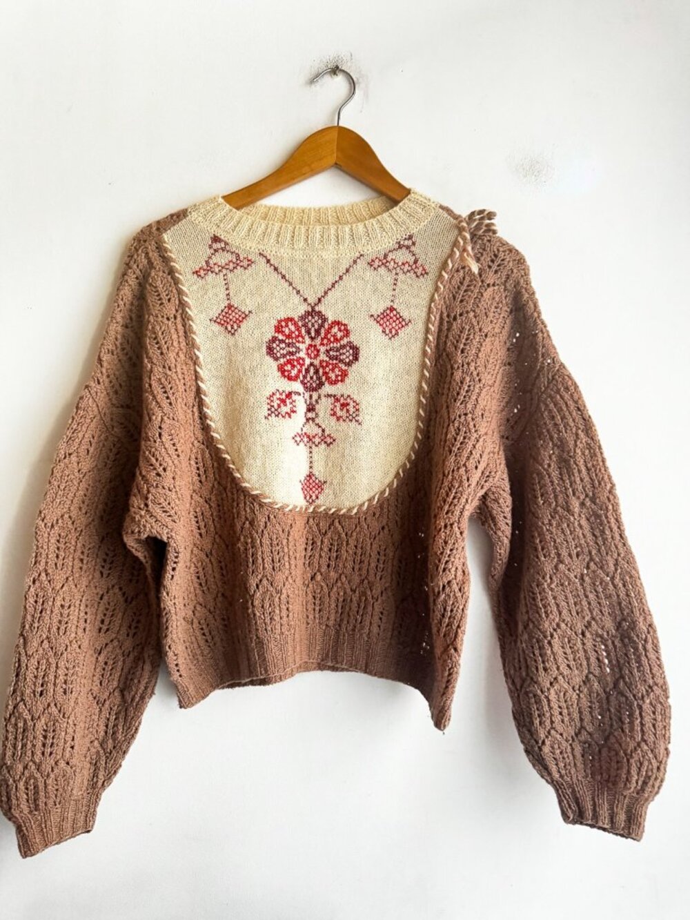 Vintage Crochet Hand knit Two Tone Floral Sweater Top M - Picture 2 of 6